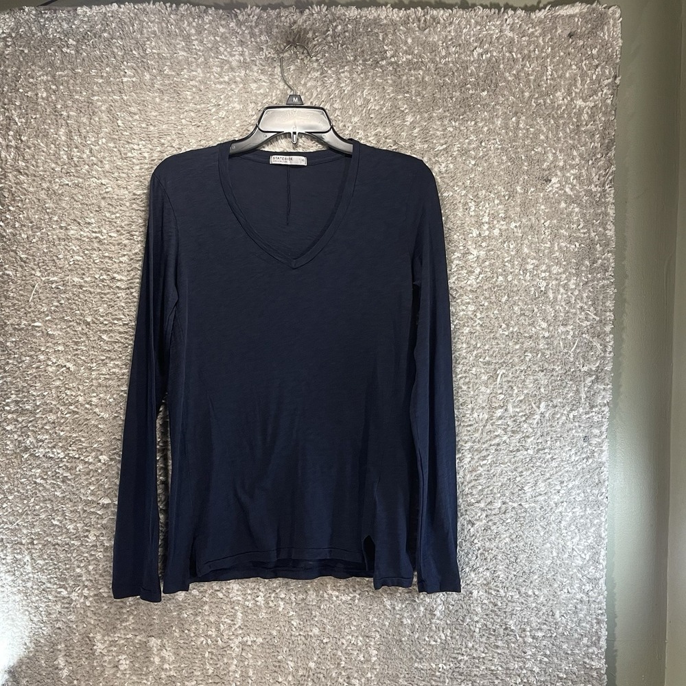 Stateside Supima Cotton Long Sleeve Solid V Neck T-Shirt Navy Preppy Casual - Picture 1 of 8